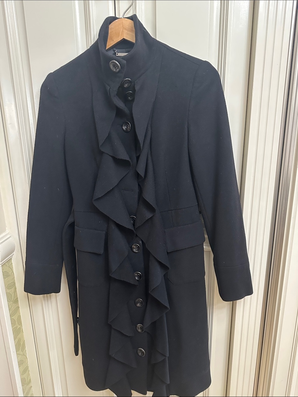 Diane Von Furstenberg Black Ruffle-Front Trench Coat